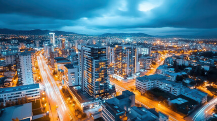 Fototapeta premium Blue hour sky with city lights starting to twinkle, perfect for capturing the calm and serene transition from day to night in urban settings.