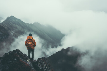 Portrait of mountain conqueror on the peak of the mountain, Man with backpacker on the top of the world, Selective focus man on the snow mountain with the sea of fog view.