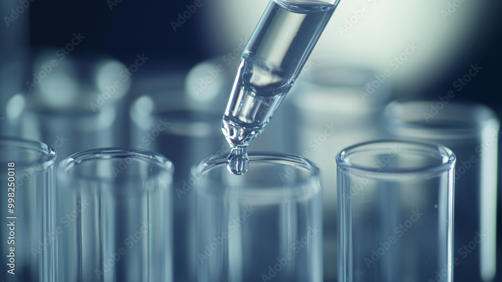 Poster precision drops from a pipette into clear test tubes in a laboratory setting