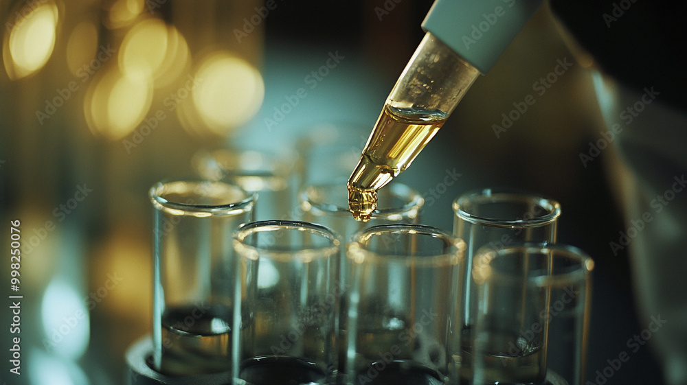 Poster dropping a liquid reagent into test tubes in a laboratory setting at dusk
