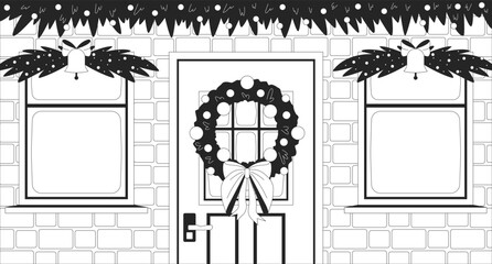 Wreath Christmas front door black and white line illustration. House porch Xmas decorations 2D interior monochrome backdrop. Fir garlands frontdoor. Winter festive ornaments doorway scene vector image
