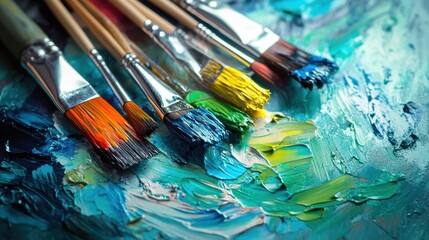 Obraz premium Brightly colored paint covers a canvas, with brushes arranged nearby, showcasing an artistic process full of creativity and expression. Generative AI