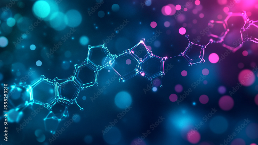 Poster abstract molecular structure with colorful bokeh effect in a scientific background