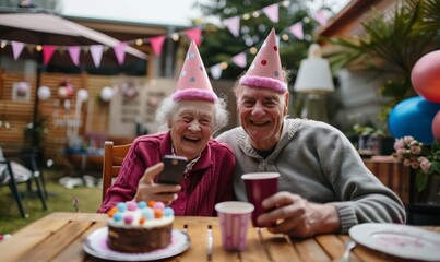 cute couple of older senior man and woman celebrating birthday with cake and pink party hats and taking selfie with mobile phone for social media