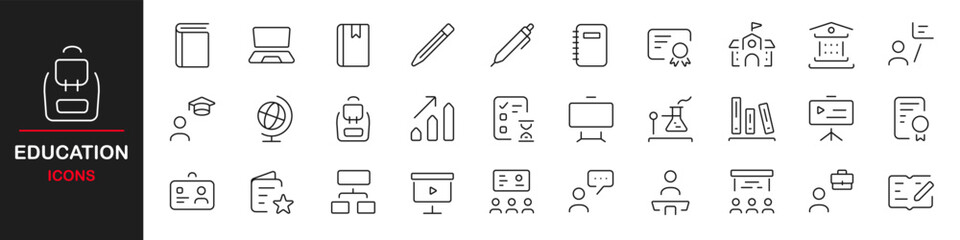 Set of 30 outline icons related to education. Includes books, graduation caps, diplomas, pencils, school buildings, online learning, and more. Editable stroke. Vector illustration