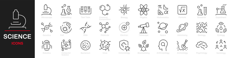 Set of 30 outline icons related to science. This outline icon set includes lab equipment, microscopes, atoms, test tubes, formulas, telescopes, and more. Editable stroke. Vector illustration