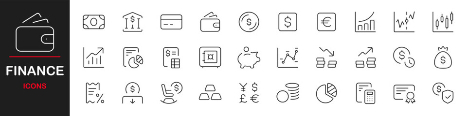 Obraz premium Set of 30 outline icons related to finance. This outline icon set includes currency, coin, banknote, chart, credit card, financial goal, profit, budget and more. Editable stroke. Vector illustration