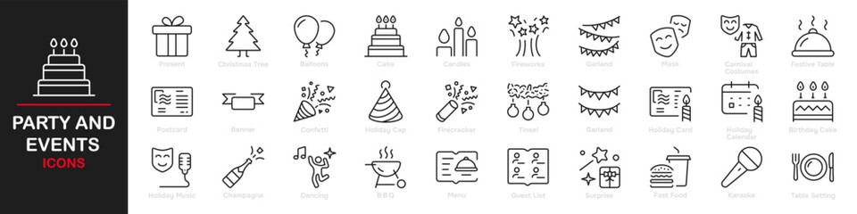 Set of 30 outline icons related to events and parties. This outline icon set includes balloon, confetti, party hat, gift, event ticket, decoration, and more. Editable stroke. Vector illustration