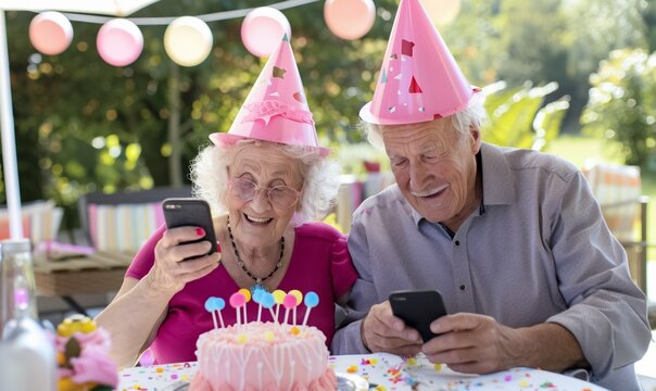 cute couple of older senior man and woman celebrating birthday with cake and pink party hats and taking selfie with mobile phone for social media