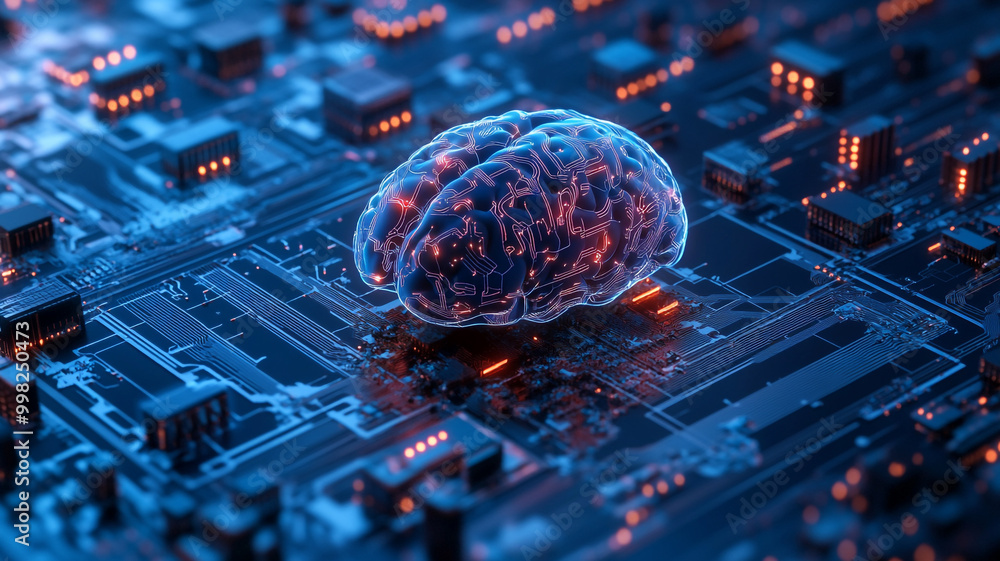 Poster a glowing brain on a circuit board showcasing concepts of artificial intelligence