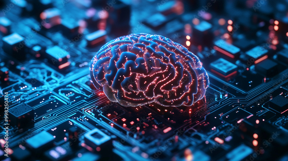 Poster a futuristic digital brain connected to circuitry and processors glowing in neon colors