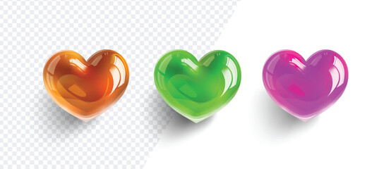 Set of 3D Vibrant Heart Icons, Glossy, Puffy Colorful Multi Color Heart Shape Design on Transparent Background