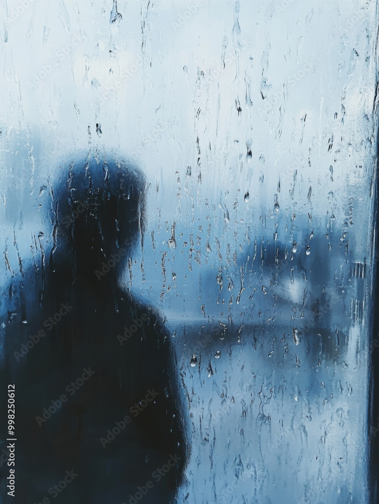 Poster a lone figure stands by a rain-covered window, lost in introspection as the melancholic atmosphere e