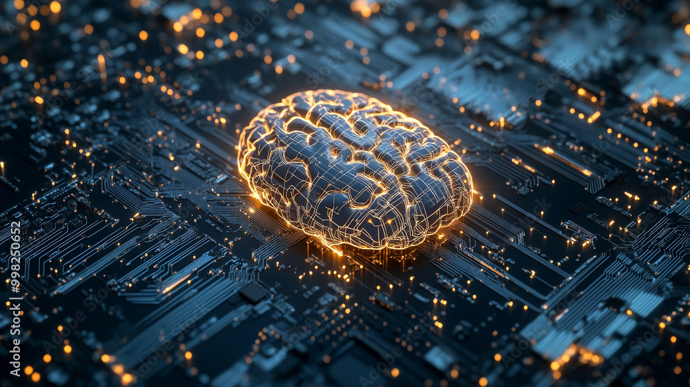 Poster artificial intelligence represented by a glowing brain on a circuit board in a futuristic design