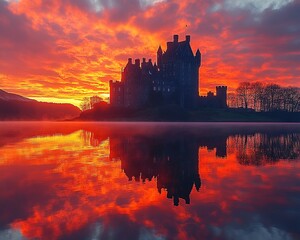 Fototapeta premium A Majestic Castle Silhouette Against a Vibrant Sunset Sky in a Dreamy Landscape Background