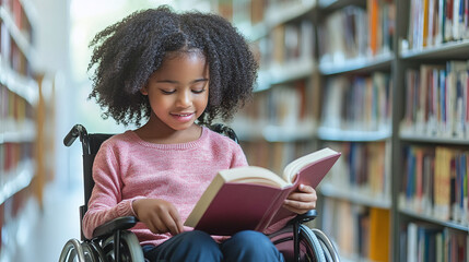 Happy young disabled mixed race school student in wheelchair reading a library book. African american child with disability learning. Inclusive & diverse education