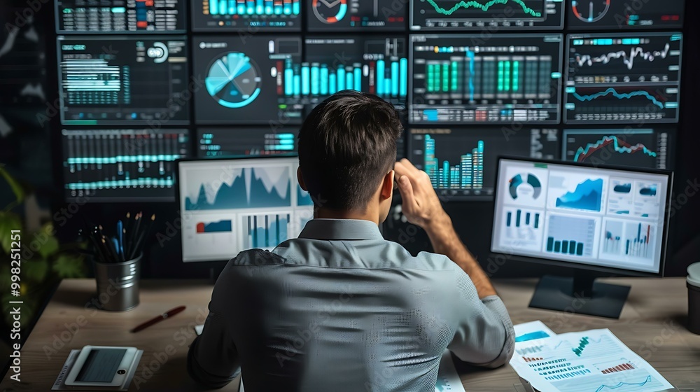Poster a financial analyst reviewing data with various stock performance charts, graphs, and investment rep