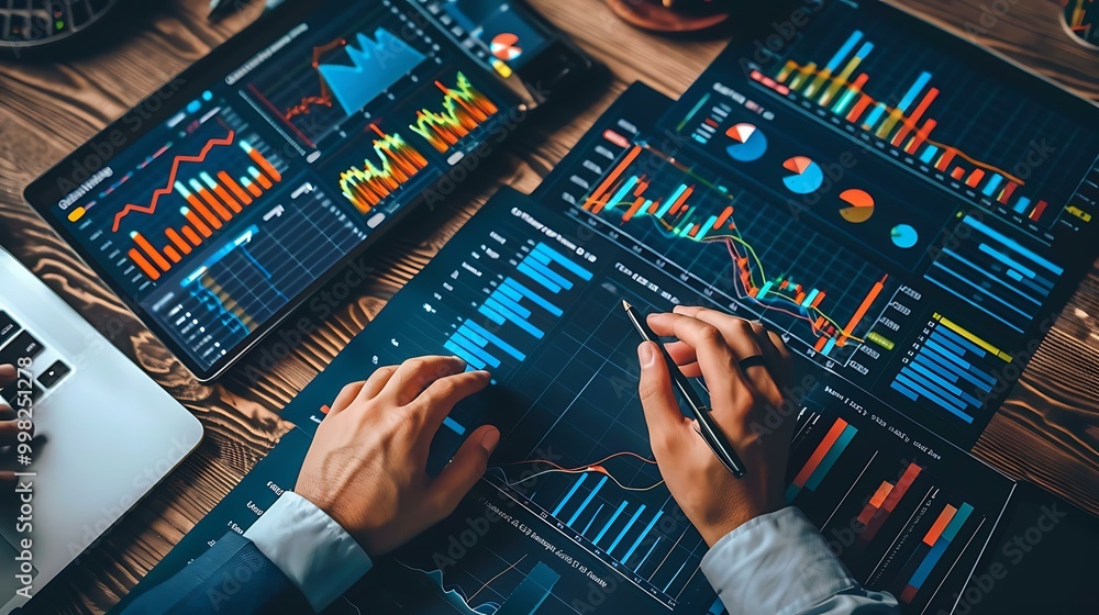 Poster a financial analyst reviewing data with various stock performance charts, graphs, and investment rep