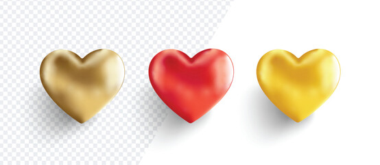 Set of 3D Vibrant Heart Icons, Matte, Puffy Colorful Multi Color Heart Shape Design on Transparent Background