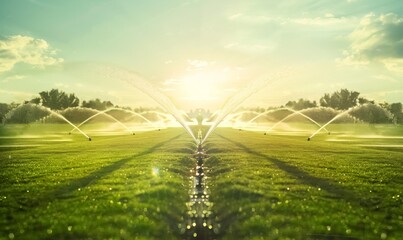 synchronized sprinklers in park spraying water on green meadow with grass, beautiful fountains at summer lawn, irrigation process