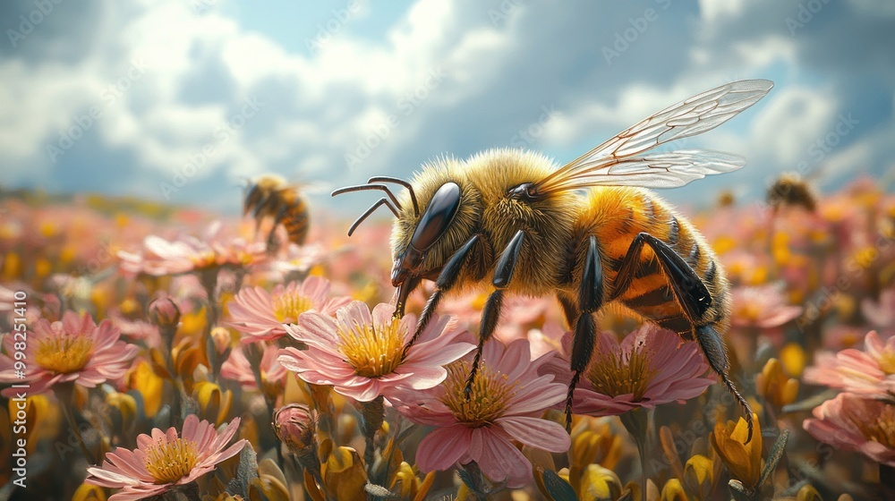 Poster A close-up of a honeybee collecting nectar from a pink flower in a field of flowers.