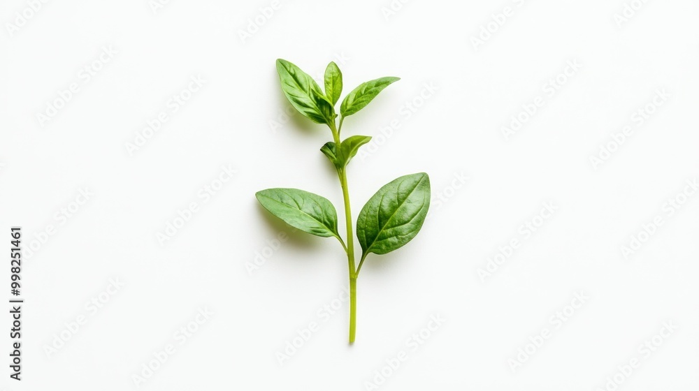 Sticker A Single Green Plant Sprout with Five Leaves on a White Background