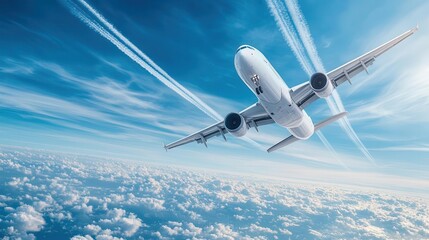 Blue sky with contrails from passing airplanes, adding a dynamic element to travel and aviation-themed marketing materials.