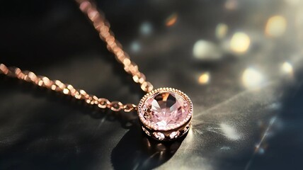 Fototapeta premium A Delicate Rose Gold Chain with a Stunning Crystal Pendant, Ideal for Adding a Touch of Glamour to Any Ensemble, Generative AI