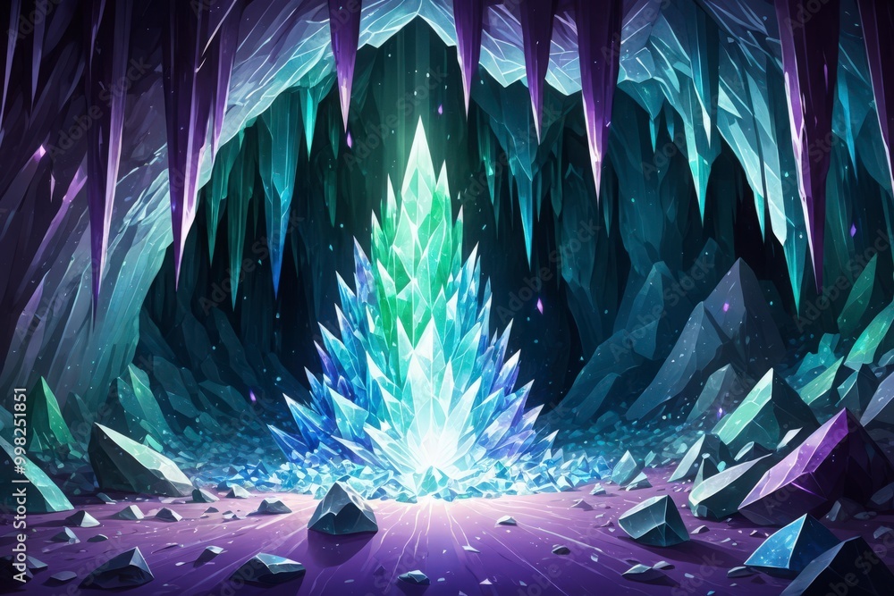 Wall mural a large crystal tree is surrounded by rocks and ice. the scene is dark and mysterious, with the crys