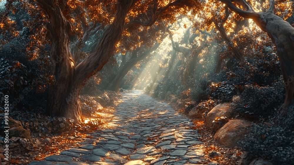 Poster a cobblestone path through a forest with golden light shining through the trees.