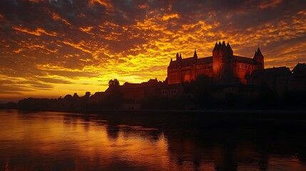 Obraz premium Sunset over a castle by the river.