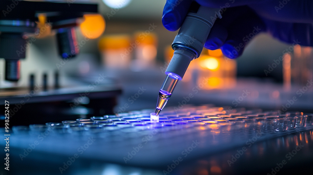 Poster microscope analysis of liquid samples in a laboratory during a research experiment