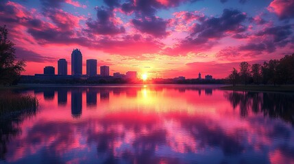 Fototapeta premium Breathtaking Vibrant Sunset Over Columbus Ohio Skyline with Colorful Clouds and City Silhouette