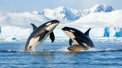 Fototapeta premium Majestic Orcas Breaching in Icy Ocean Waters