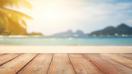 Fototapeta premium Wooden Surface Against Tropical Beach Background