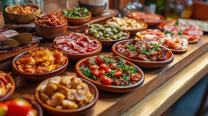 Fototapeta premium Beautifully arranged Spanish tapas on a wooden platter showcase a variety of flavors in Barcelona