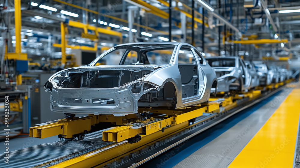 Poster an automotive assembly line showing the process of car manufacturing with multiple car chassis being