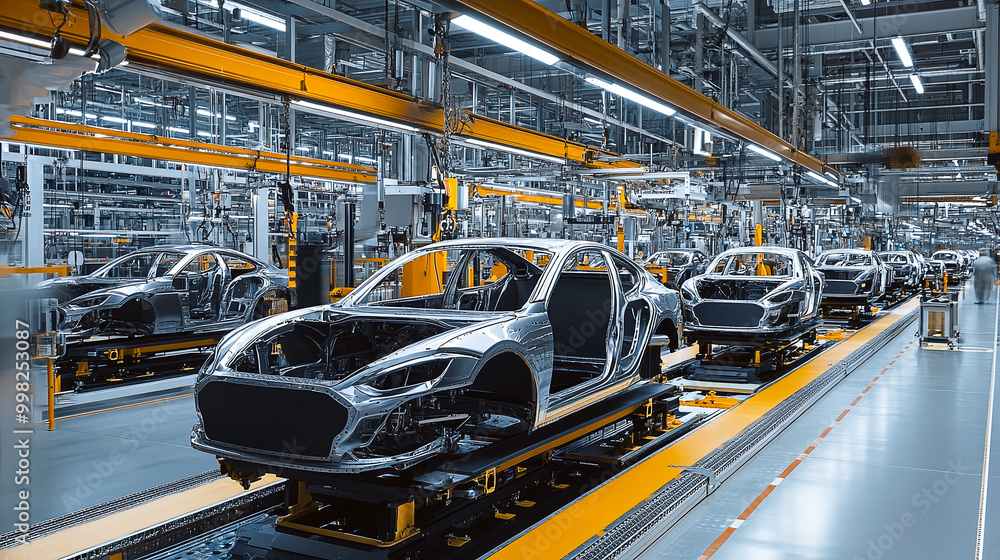 Poster an automotive assembly line showing the process of car manufacturing with multiple car chassis being