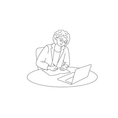 Business woman is writing working at a laptop. Vector isolated illustration in line art style