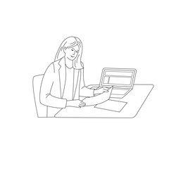 Business woman is working at a laptop. Vector  isolated illustration in line art style	