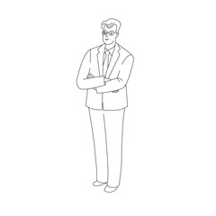 Businessman in suit is standing. Vector isolated illustration in line art style