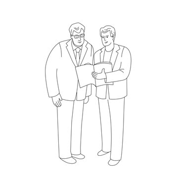 recommend clip art: Business elderly man and young man standing and talking. Vector isolated illustration in line art style