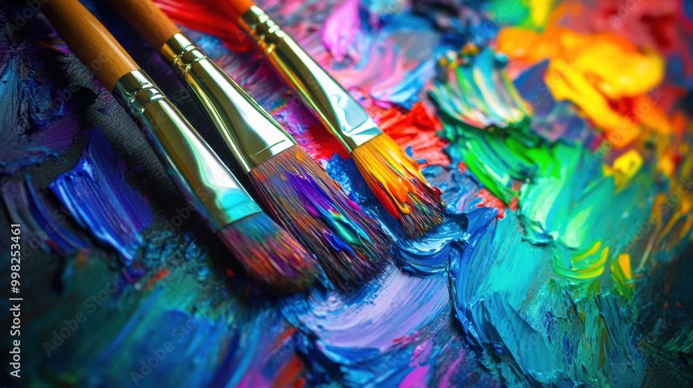 Poster a vibrant artist's palette features bright splashes of color, while paintbrushes rest nearby, ready 