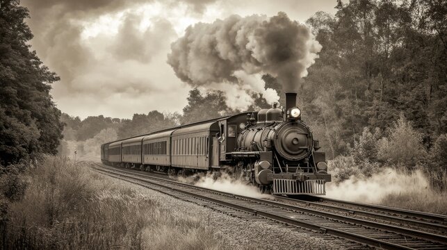 A nostalgic black-and-white image of an old steam train chugging along the tracks, surrounded by vintage scenery, bringing to life the history of rail travel.