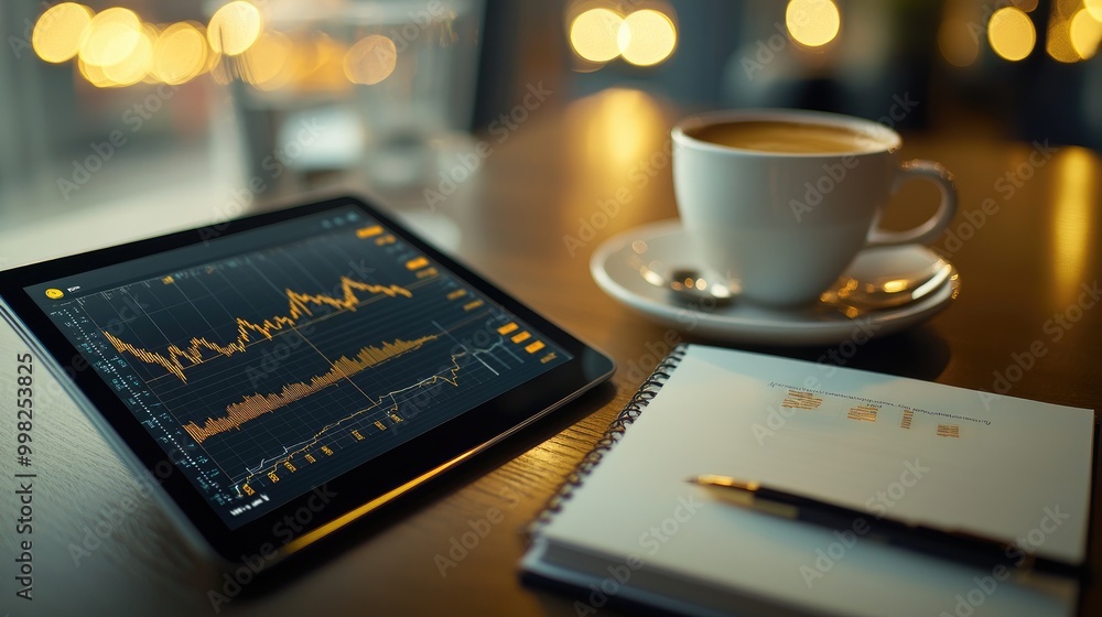 Poster a serene workspace with a gold price chart displayed on a tablet, complemented by a cup of coffee an