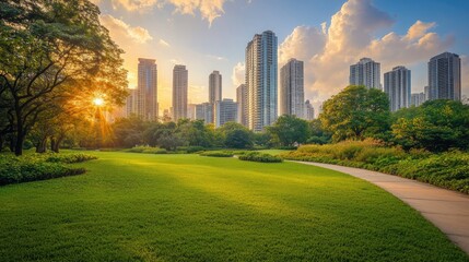 A serene view of a city park in the foreground, contrasting with the towering skyscrapers in the background, capturing the balance between nature and urbanization