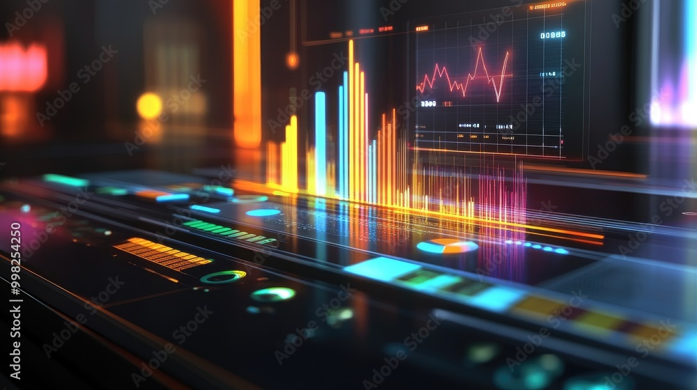 Poster a sleek 3d bar chart with high-tech design elements, illustrating key performance indicators in a co