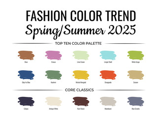 Fashion Color Trend Spring - Summer 2025. Trendy colors palette guide. Fabric swatches with color names. Easy to edit vector template for your creative designs.