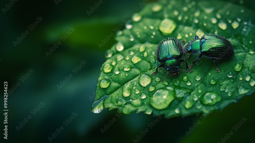 Poster a pair of beetles on a dew-drenched leaf, their shiny bodies reflecting the morning light, surrounde