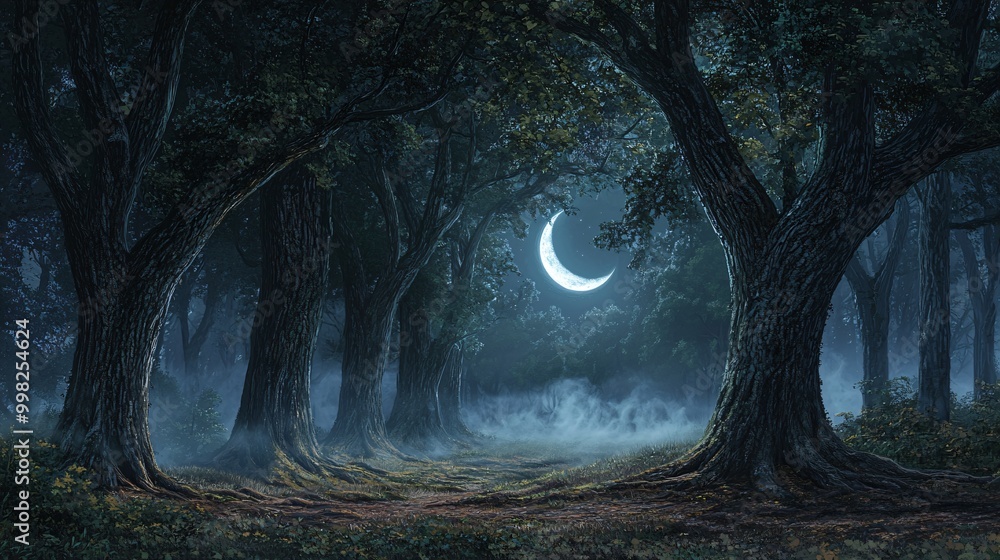 Poster a crescent moon shines through the branches of an ancient forest, casting an ethereal glow on the mi